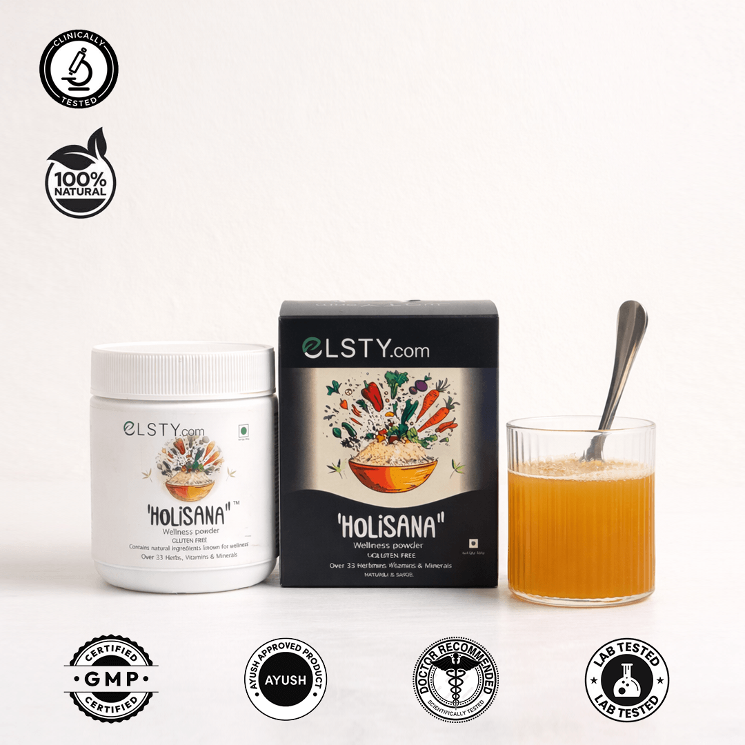 Holisana product packaging with a glass of Holisana powder mixede with water on a white background